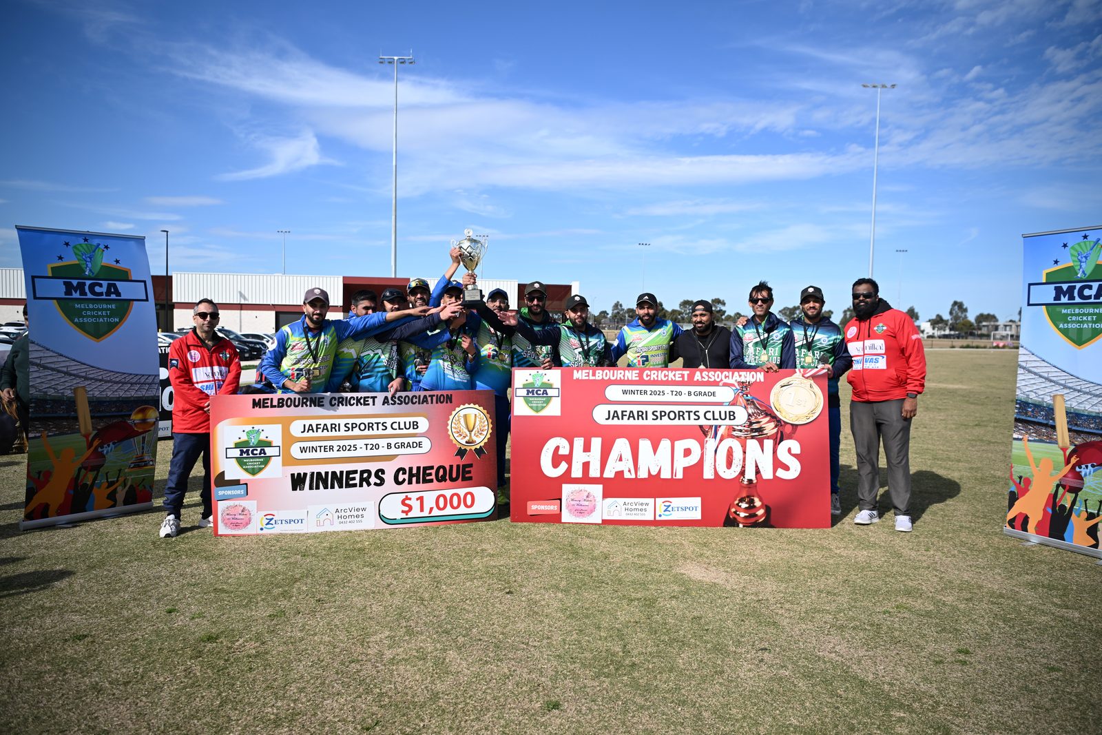 Jafari Sports Club with the Winter 2025 T20 B Grade championship banner