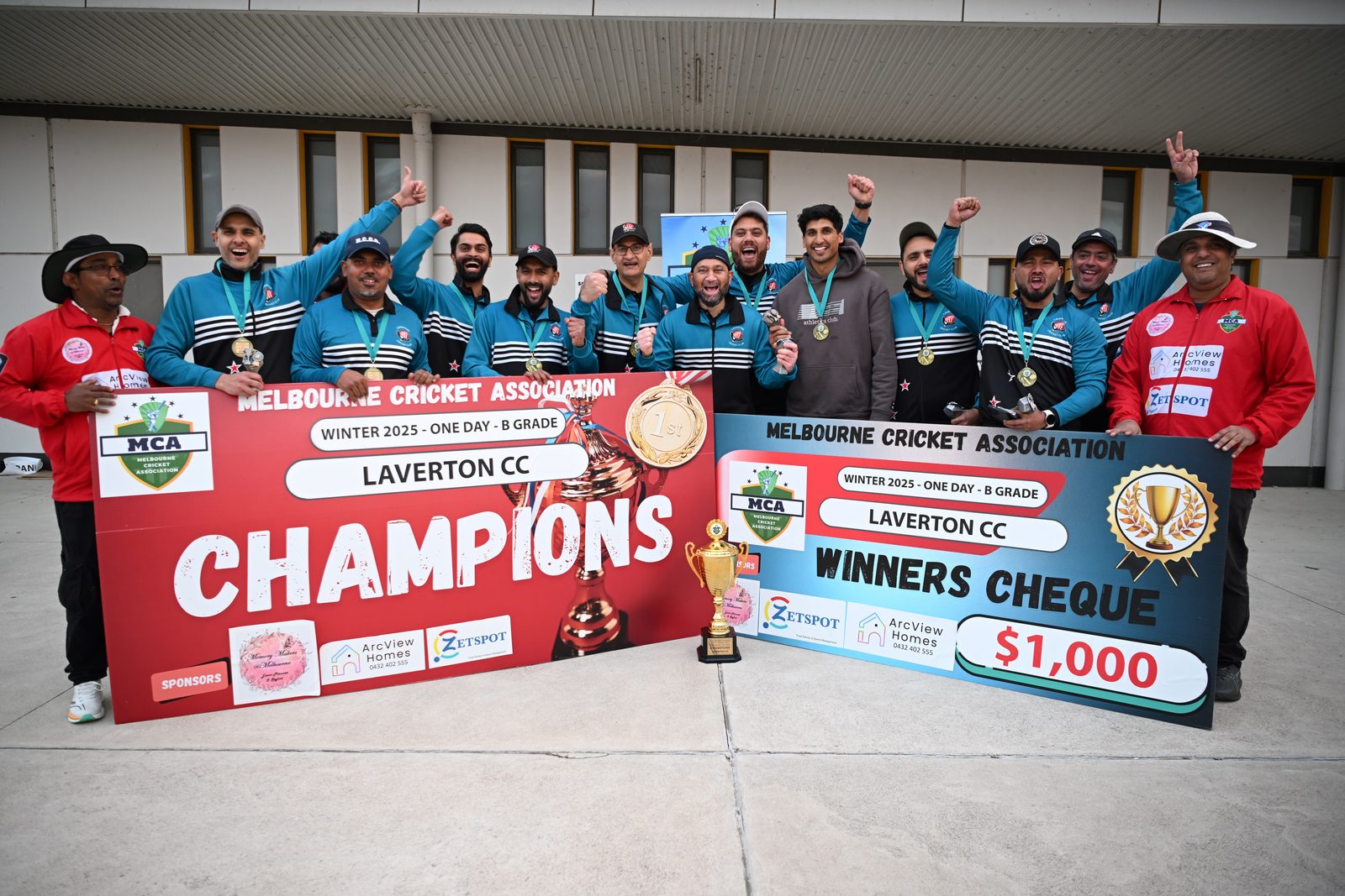 Laverton CC celebrating their Winter 2025 One Day B Grade championship with the winners cheque